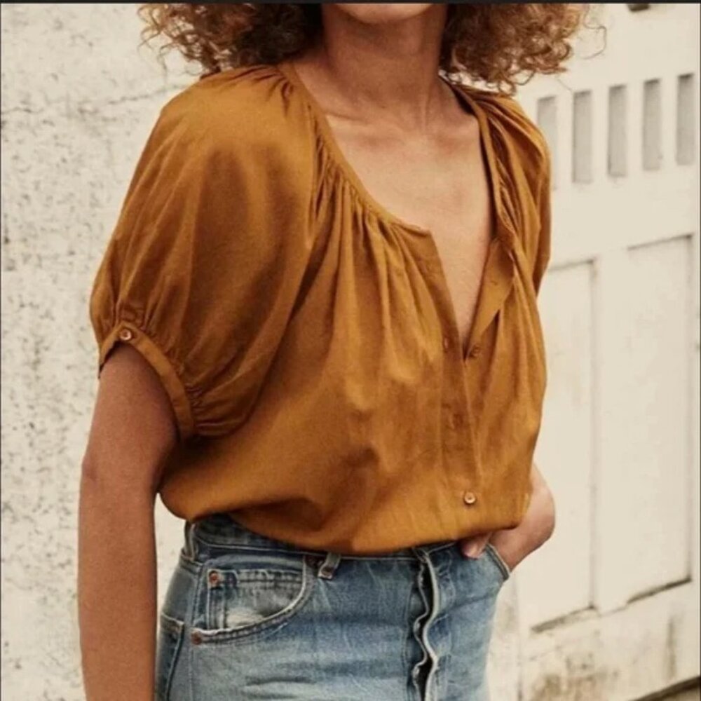 Doen June Top Blouse In Gold Tan Short Sleeve, Size Medium Or  Large - Picture 3 of 14